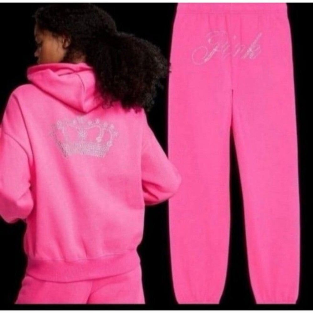 VS PINK BLING OUTFIT CROWN HOODIE PANTS xl set